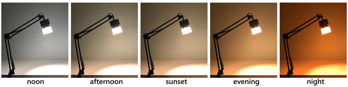 the light from a mySun lamp automatically changes with the time of day 